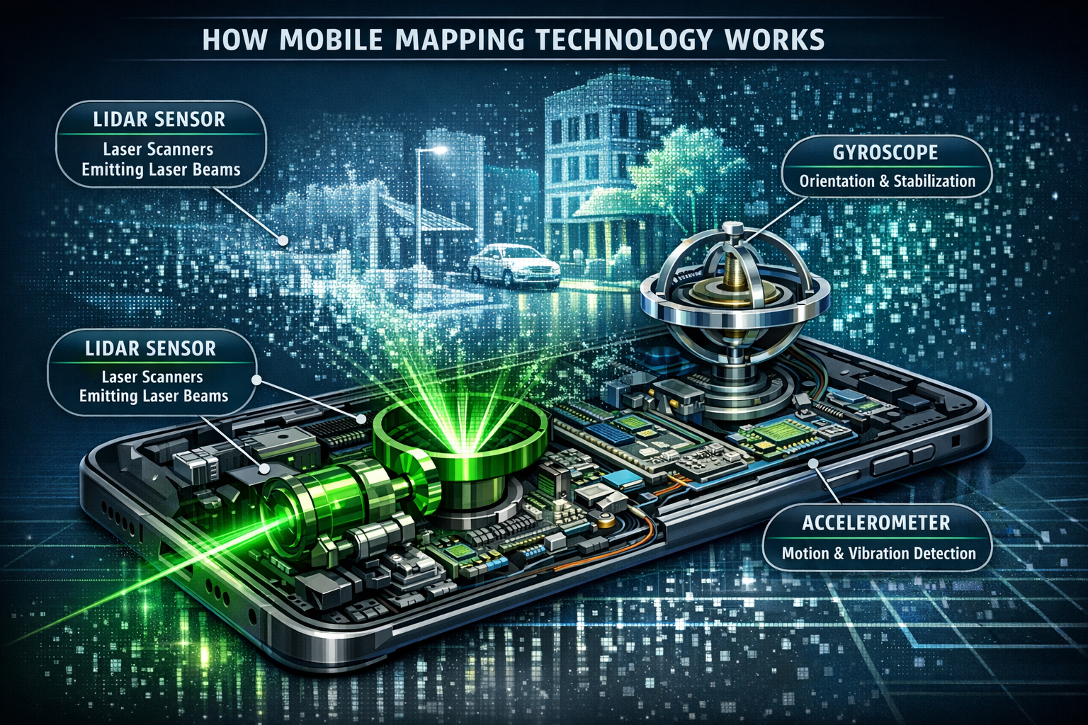 Cutaway technical diagram explaining mobile mapping technology's internal mechanics for 'How Mobile Mapping Technology Works' section. Cross