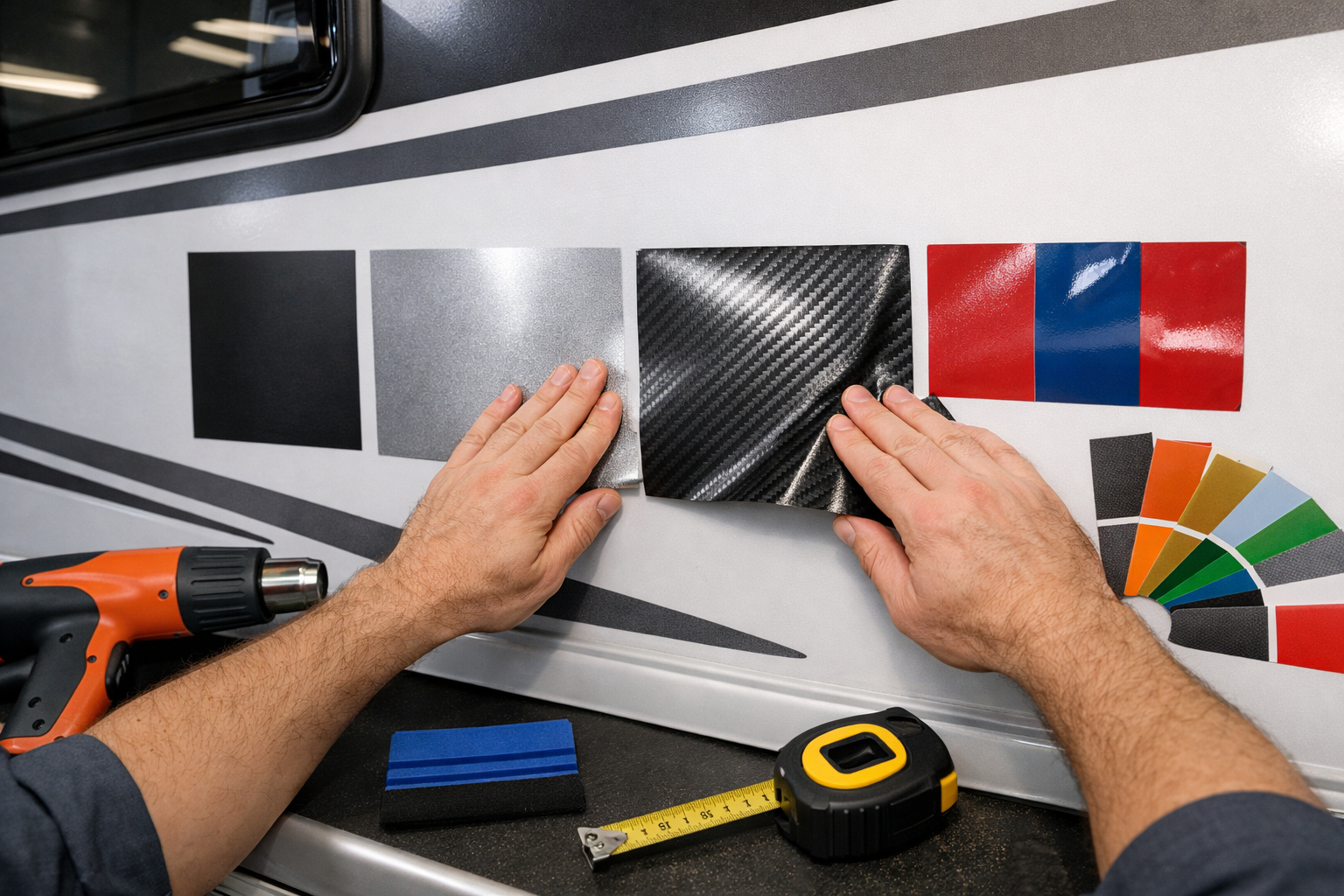 Landscape format (1536x1024) image showing close-up of motorhome exterior with various vinyl wrap samples and color swatches laid out on the