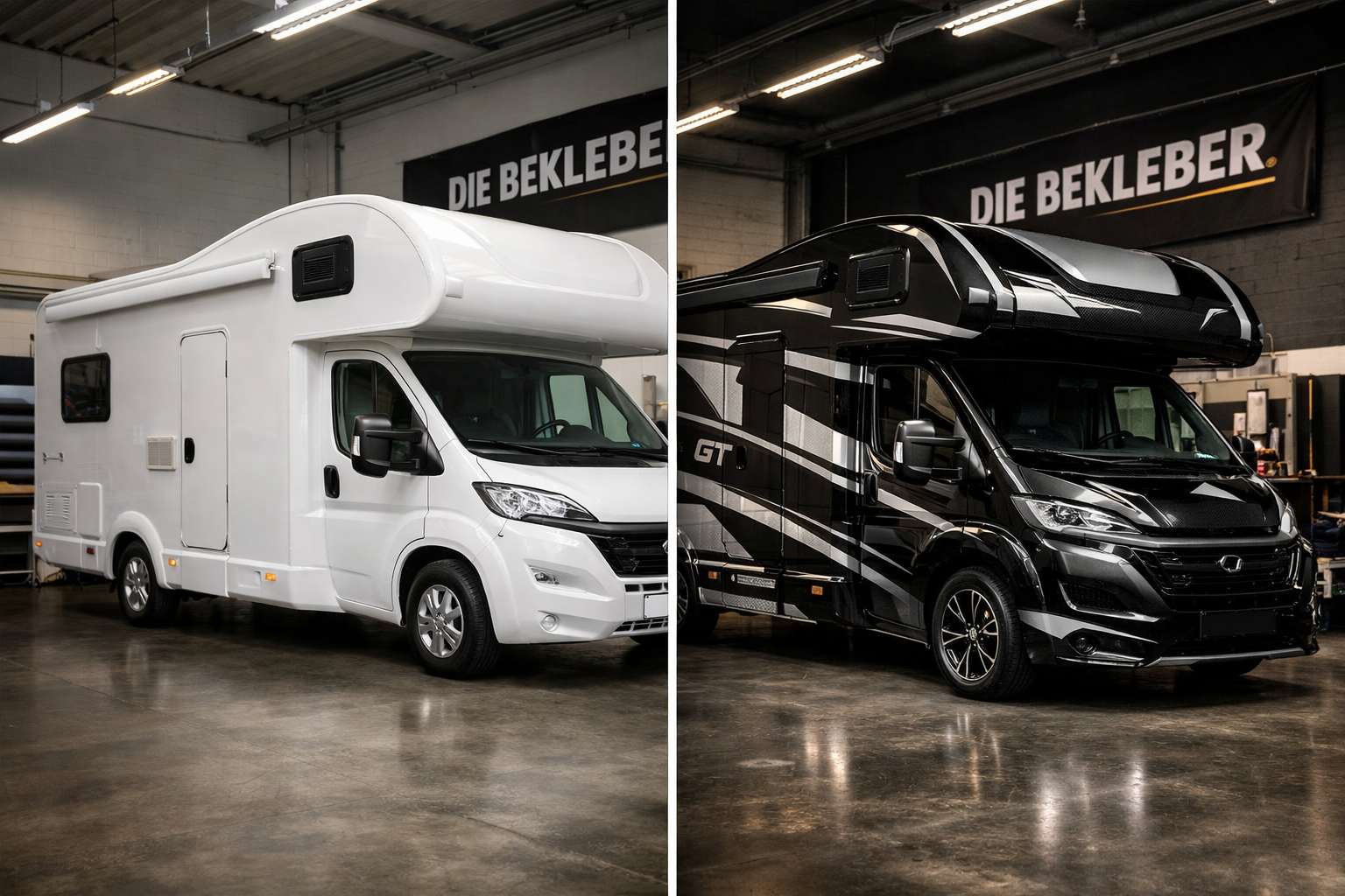 Landscape format (1536x1024) image showing before and after comparison of motorhome transformation. Split screen: left side shows plain whit