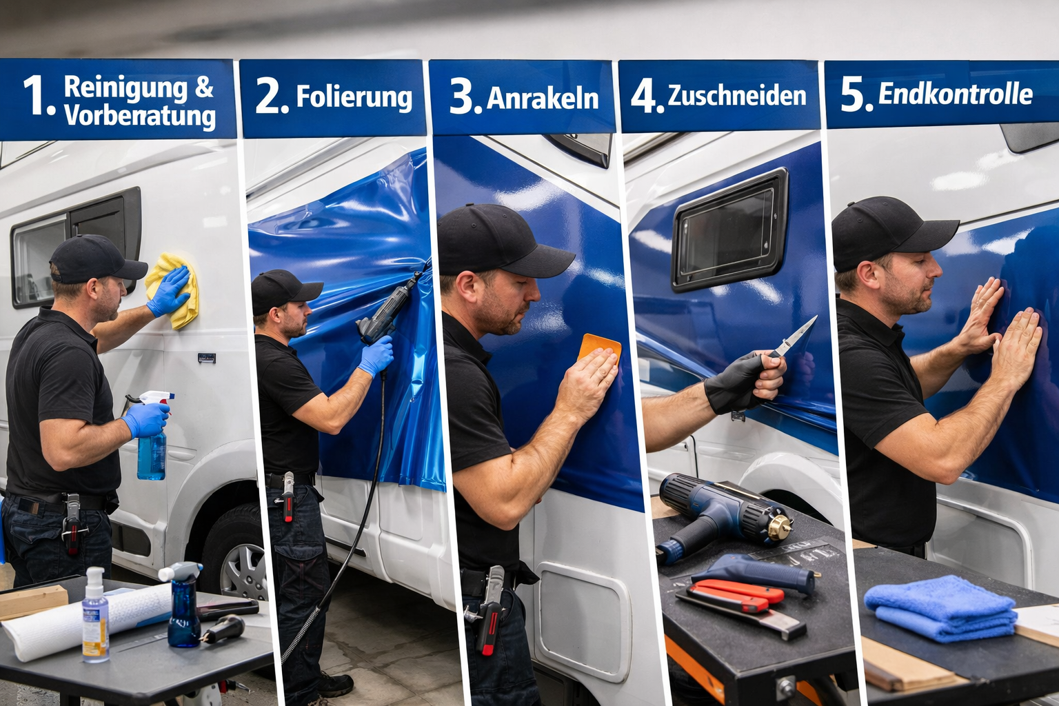 Landscape format (1536x1024) image depicting step-by-step installation process with numbered stages 1-5. Professional technician applying vi