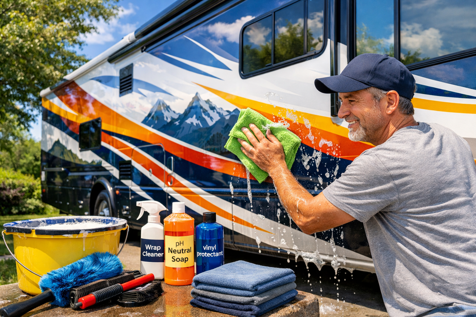 Landscape format (1536x1024) image showing maintenance scene with motorhome owner gently washing wrapped vehicle using microfiber cloth and 