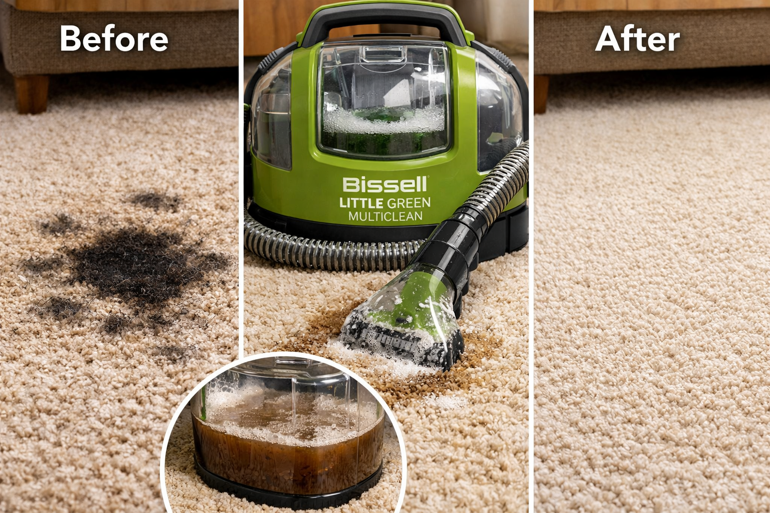 () split-scene comparison image showing two side-by-side carpet close-ups: left panel labeled 'Before' showing a dark pet