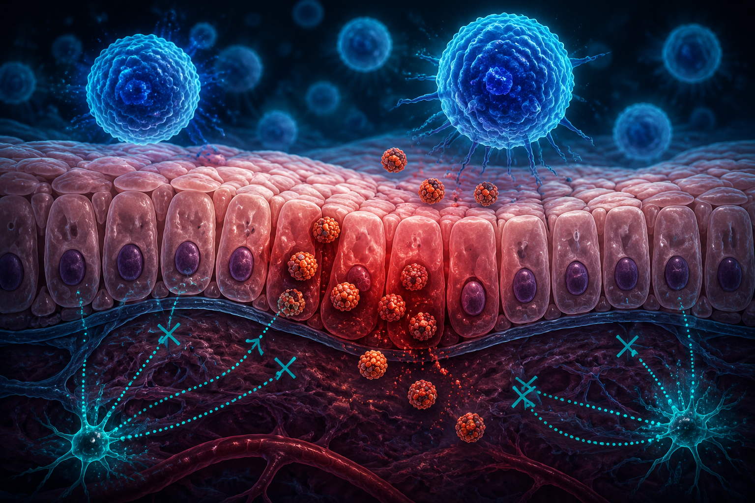 Detailed () scientific illustration showing HPV virus particles (small icosahedral structures in red-orange) attempting to
