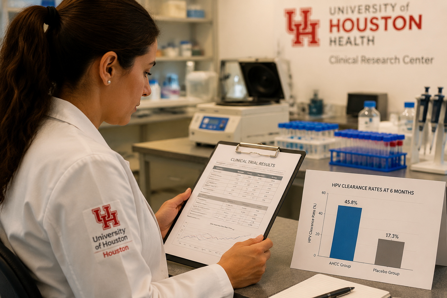 Detailed () research laboratory setting showing a University of Texas Houston clinical trial environment: a female