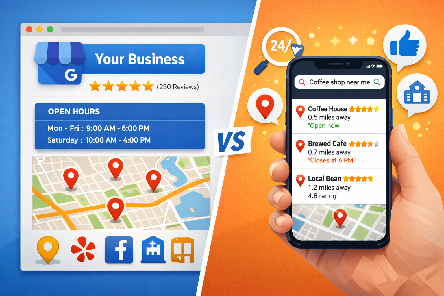 Landscape format (1536x1024) image showing split-screen comparison of local SEO elements: left side displays Google My Business profile with 5-star reviews and local map pins, right side shows mobile phone with 'near me' search results. Include visual elements like location markers, review stars, business hours overlay, and local citation icons. Clean, professional design with blue and orange color scheme, emphasizing local search visibility for small businesses