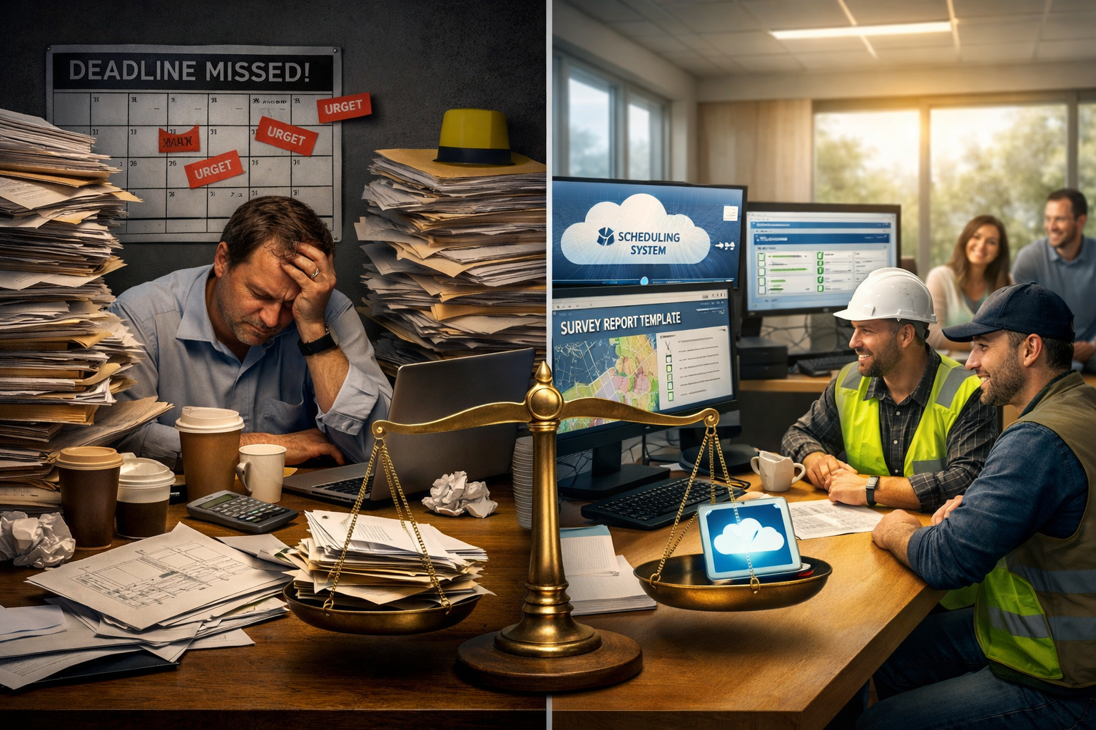 () split-screen comparison image showing two contrasting scenarios: left side depicts overwhelmed surveyor's desk with
