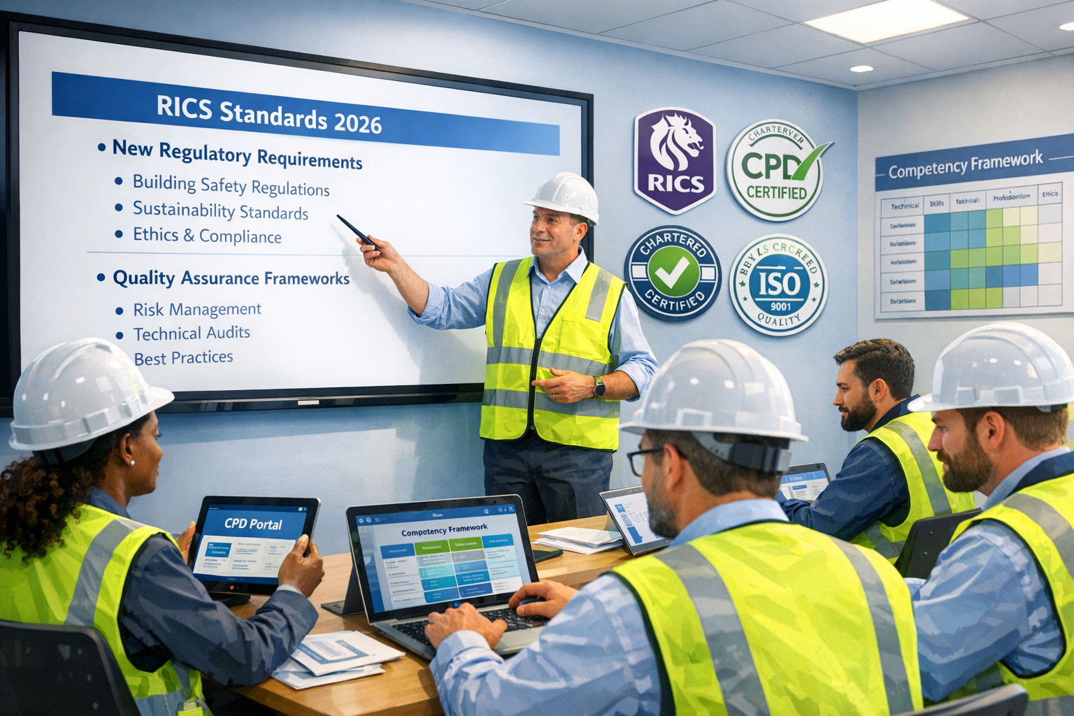 () professional training and development scene showing diverse group of building surveyors in modern conference room