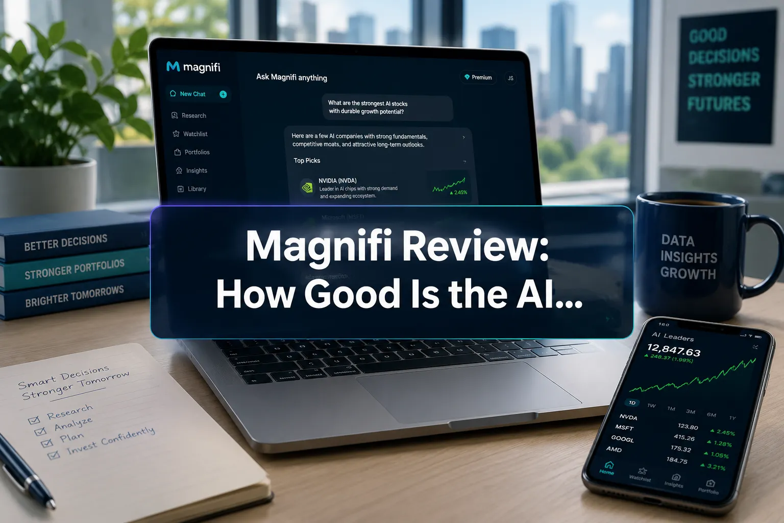 Professional () hero image with 'Magnifi Review: How Good Is the AI…' (42 chars max) in crisp white on a semi-transparent