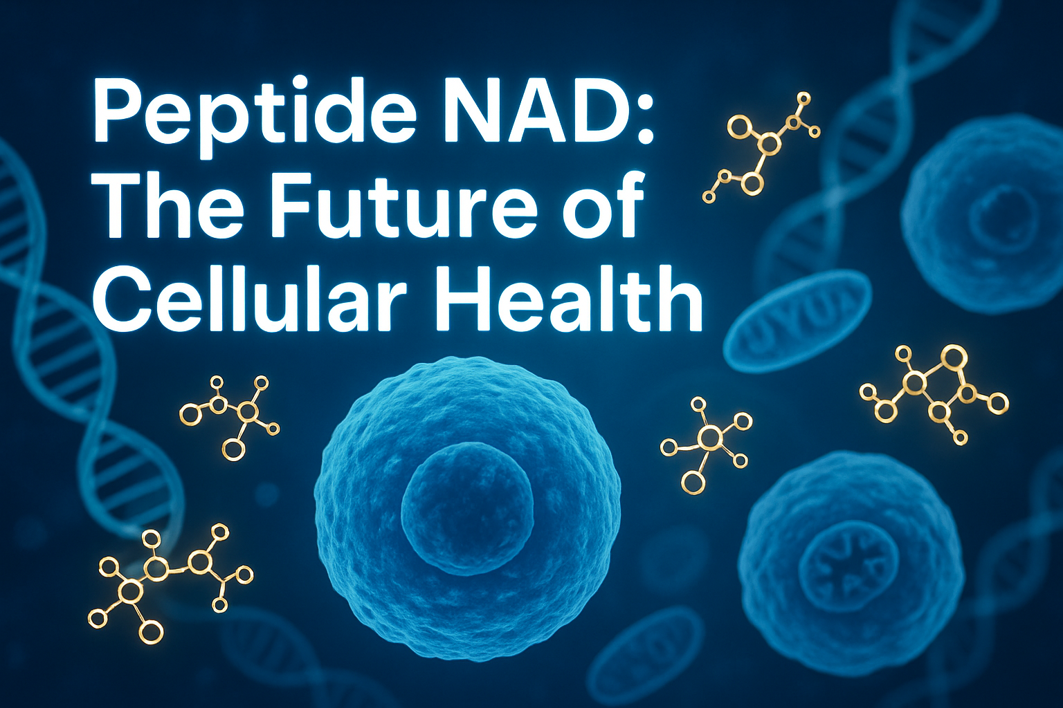 Professional landscape hero image (1536x1024) featuring bold text overlay 'Peptide NAD: The Future of Cellular Health' in extra large 72pt w