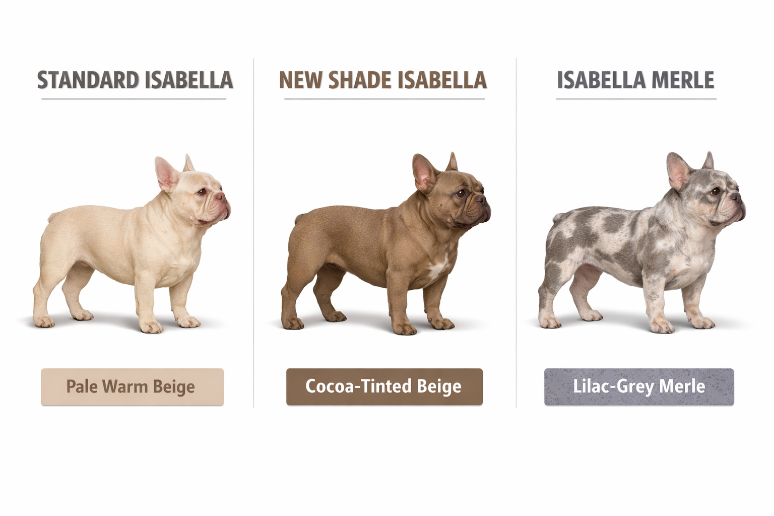 () educational infographic-style image showing side-by-side genetic color comparison of French bulldog coat colors: standard