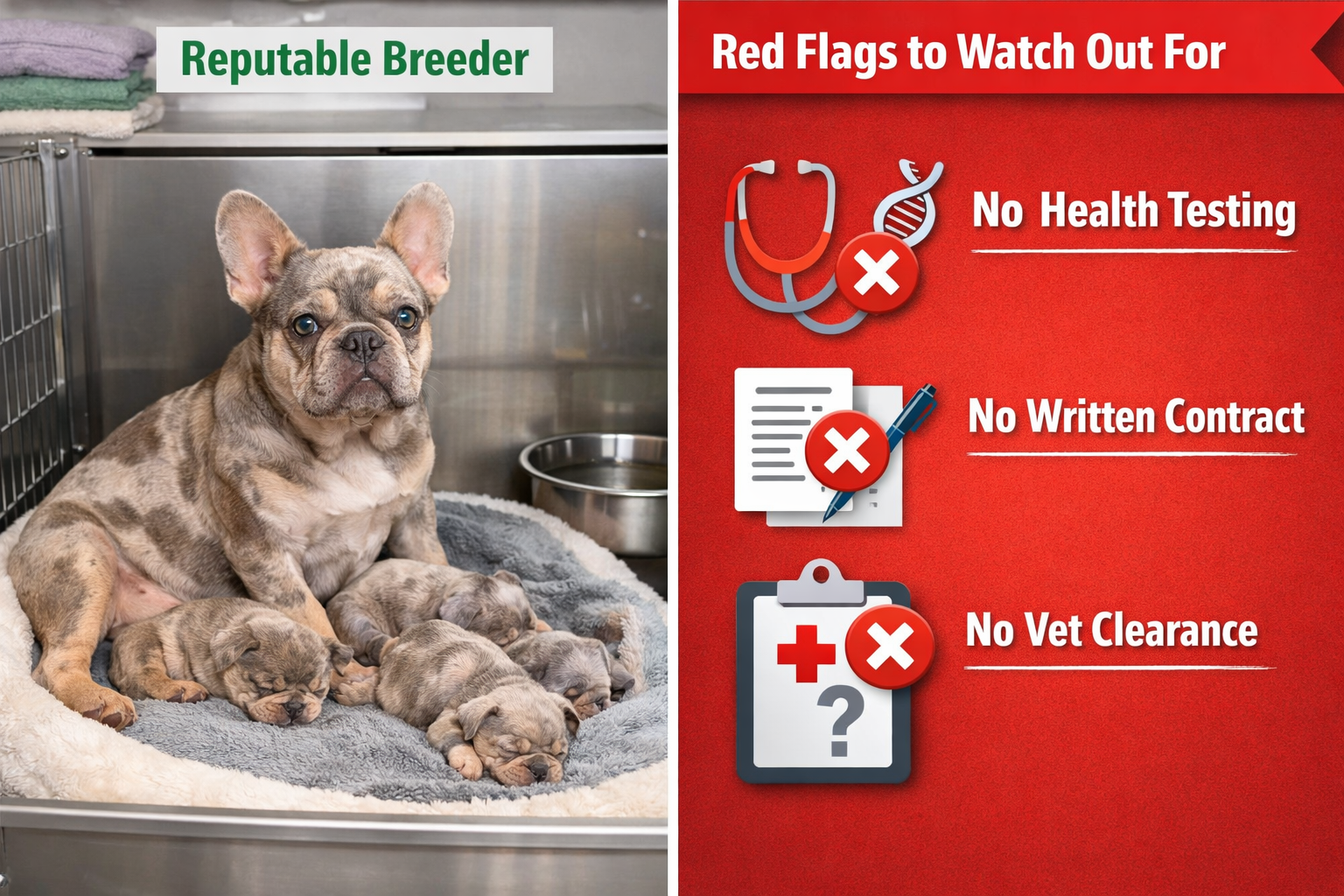 () split-screen comparison image: left side shows a reputable breeder's clean professional kennel environment with an