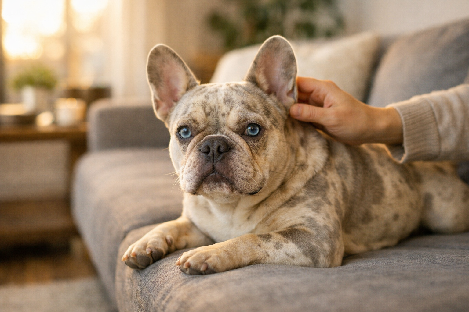 () lifestyle photograph of an isabella merle French bulldog adult dog relaxing on a modern gray sofa in a bright