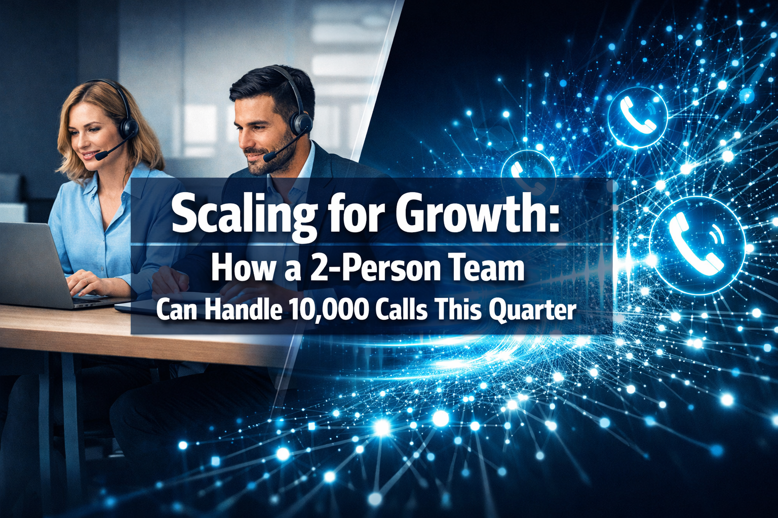 Professional landscape hero image (1536x1024) featuring bold text overlay 'Scaling for Growth: How a 2-Person Team Can Handle 10,000 Calls T