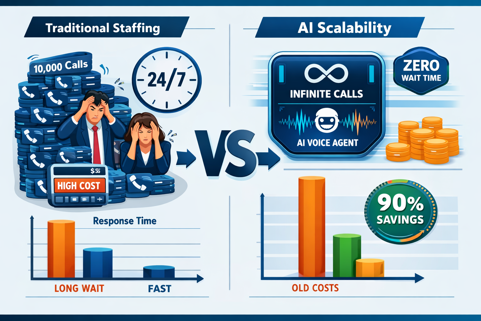 Detailed infographic illustration showing the mathematical impossibility of traditional staffing versus AI scalability. Left side: two human