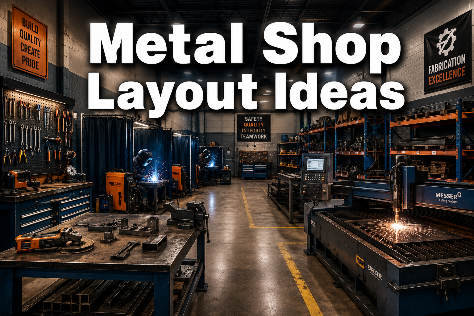 Professional () hero image with : 'Metal Shop Layout Ideas' in extra large white with dark drop , centered upper third