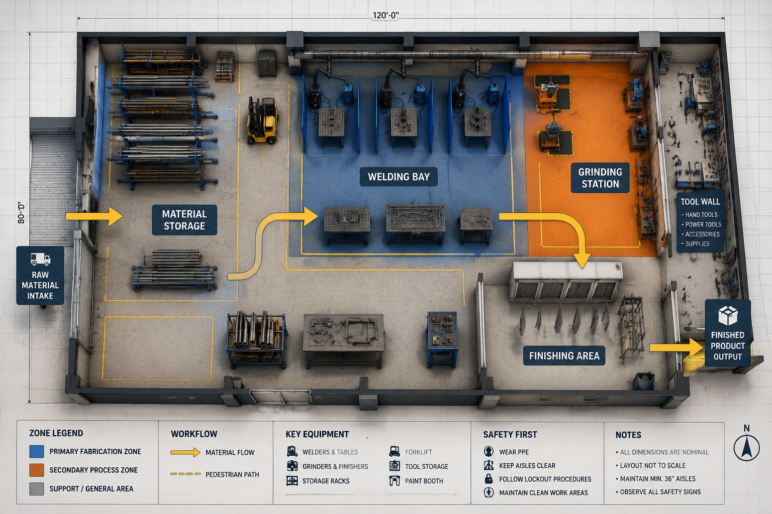 Detailed () editorial illustration showing a bird's-eye view floor plan diagram of a metal fabrication shop layout with