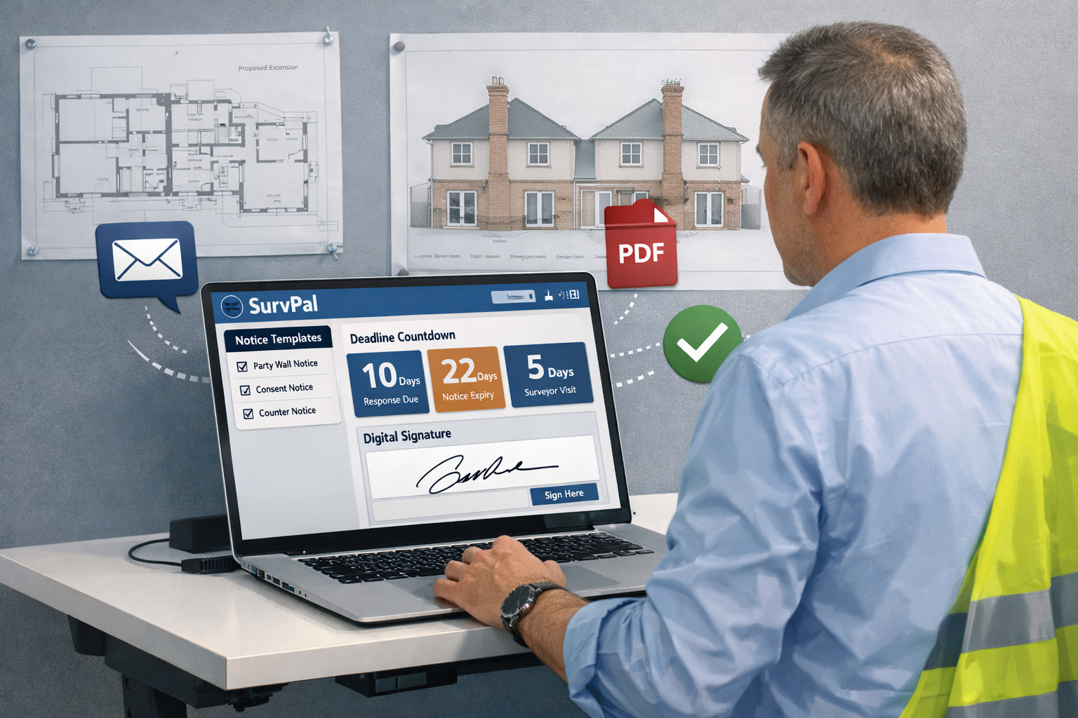 Wide () editorial illustration showing a UK party wall surveyor at a modern standing desk using a laptop displaying the