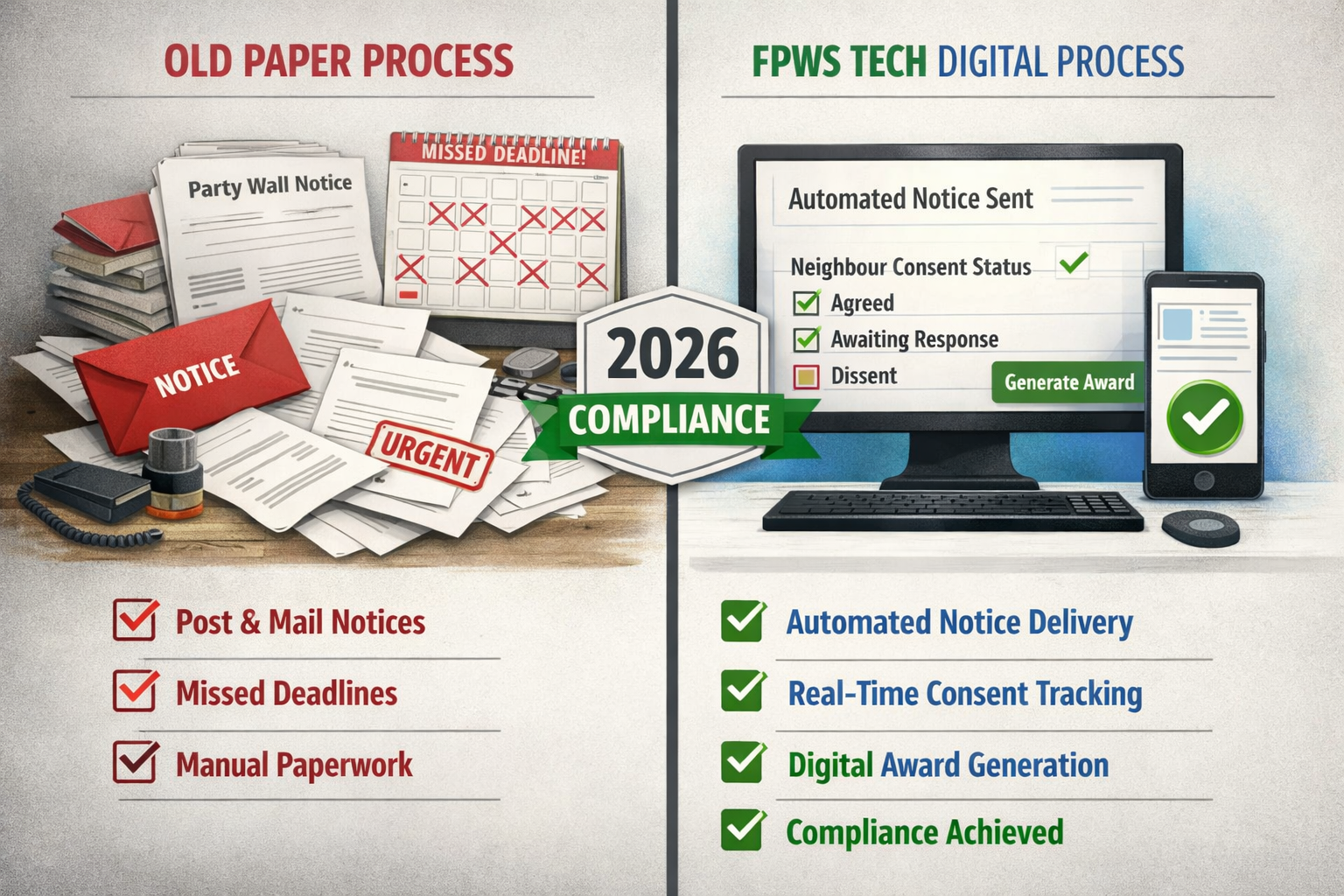 () infographic-style illustration comparing traditional paper-based party wall notice workflow versus FPWS Tech digital