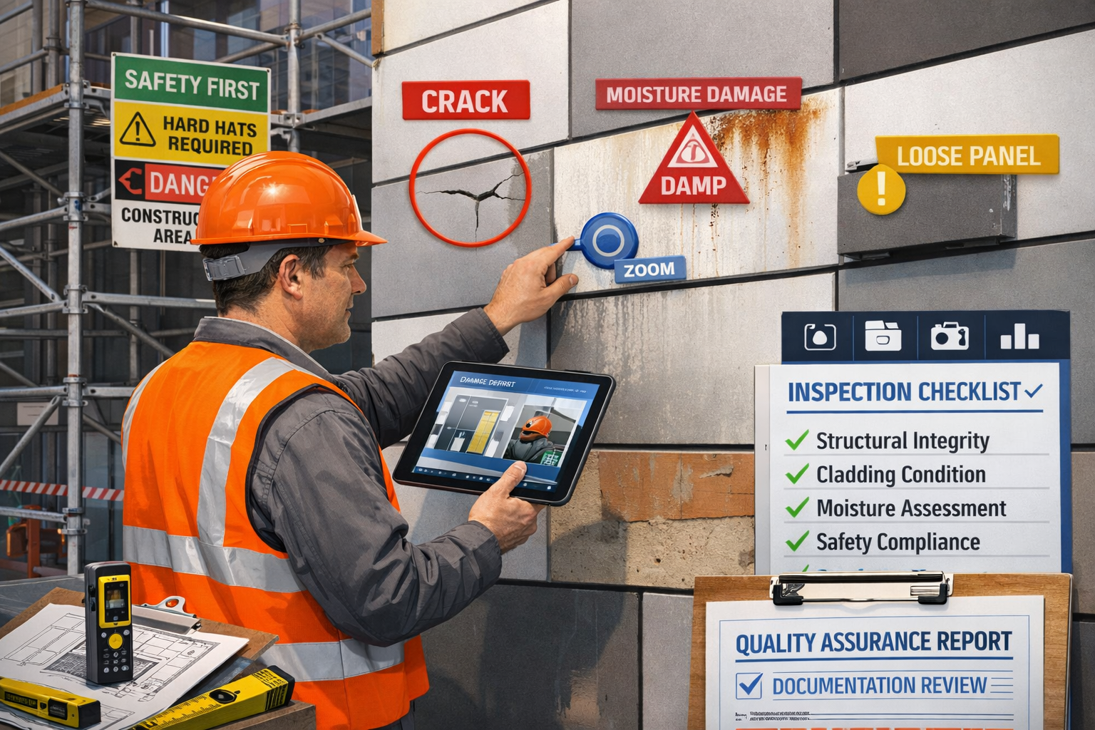 () detailed illustration showing professional surveyor in hard hat and high-visibility vest conducting building inspection