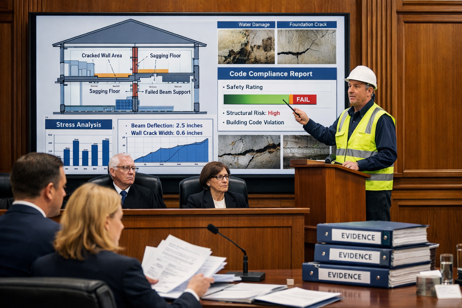 () professional courtroom scene showing expert witness stand with surveyor presenting technical evidence on large display