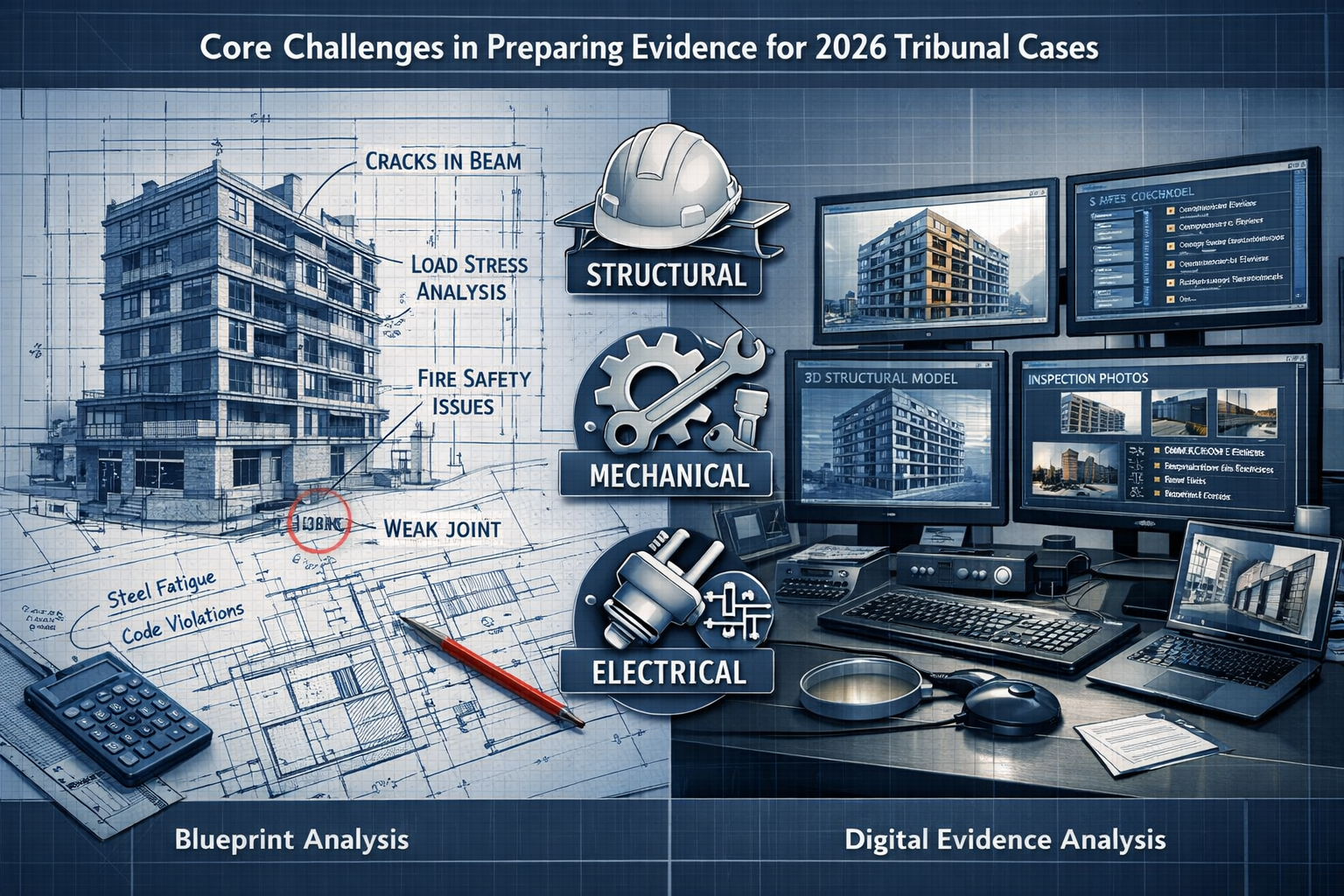 Technical forensic evidence preparation visualization for 'Core Challenges in Preparing Evidence for 2026 Tribunal Cases'.