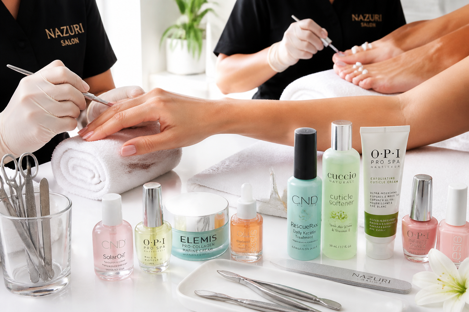 Detailed () image for the first H2 section, focusing on hands and feet receiving meticulous care at Nazuri Salon. The scene