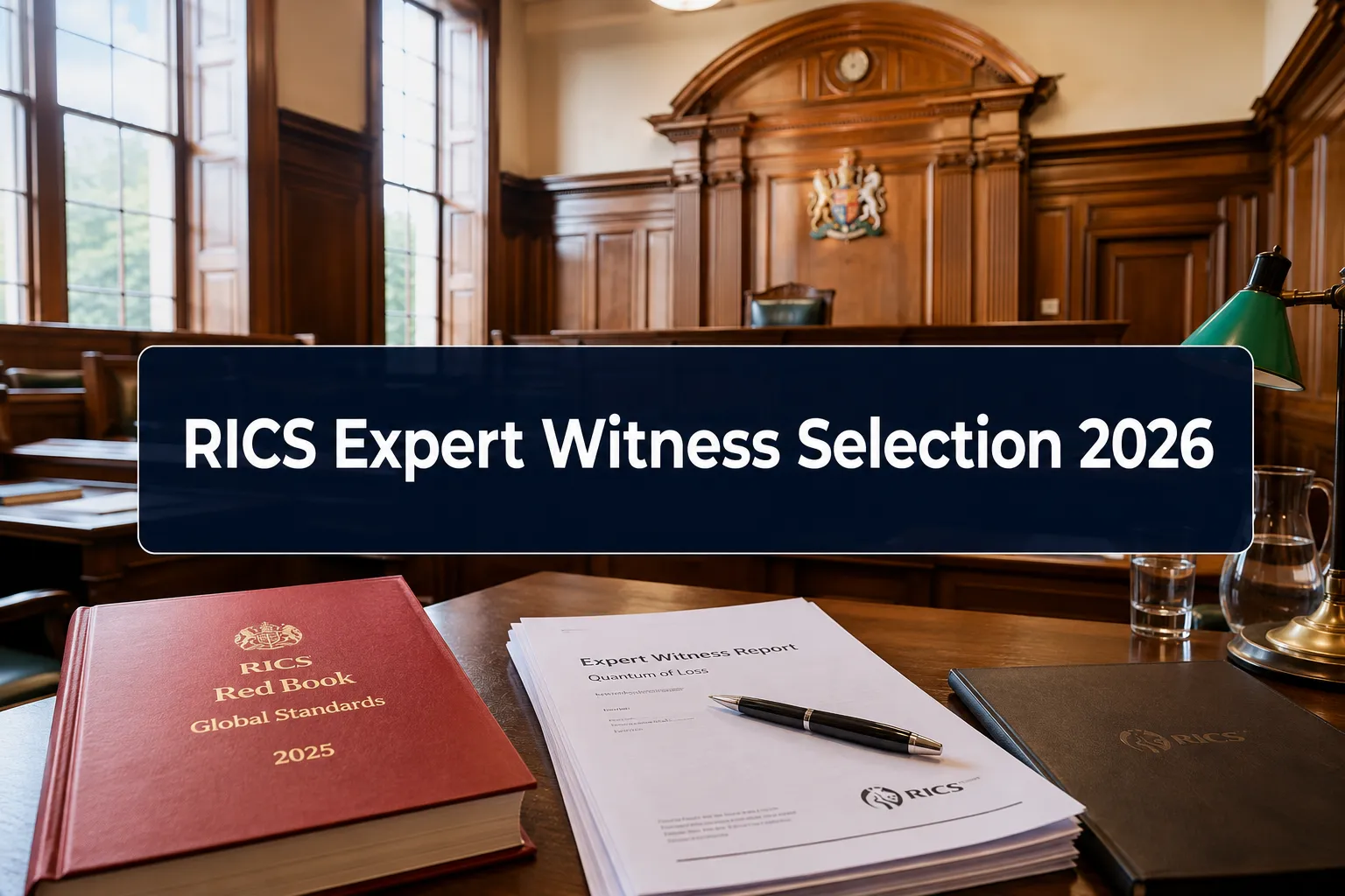 Professional () hero image with (≤42 chars): 'RICS Expert Witness Selection 2026' in crisp white on a deep navy