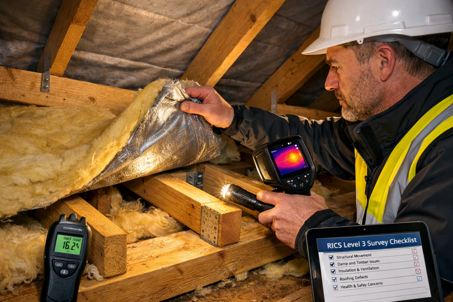 Detailed () image showing professional surveyor in high-visibility vest conducting detailed roof space inspection inside new