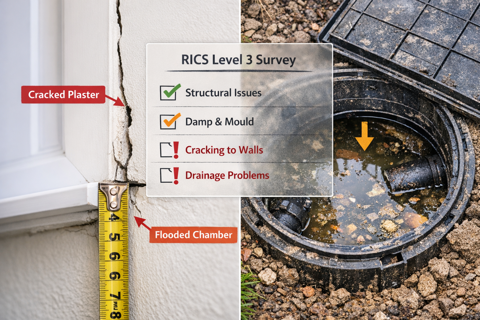 Detailed () split-screen composition showing common new build defects discovered during Level 3 surveys. Left side: close-up