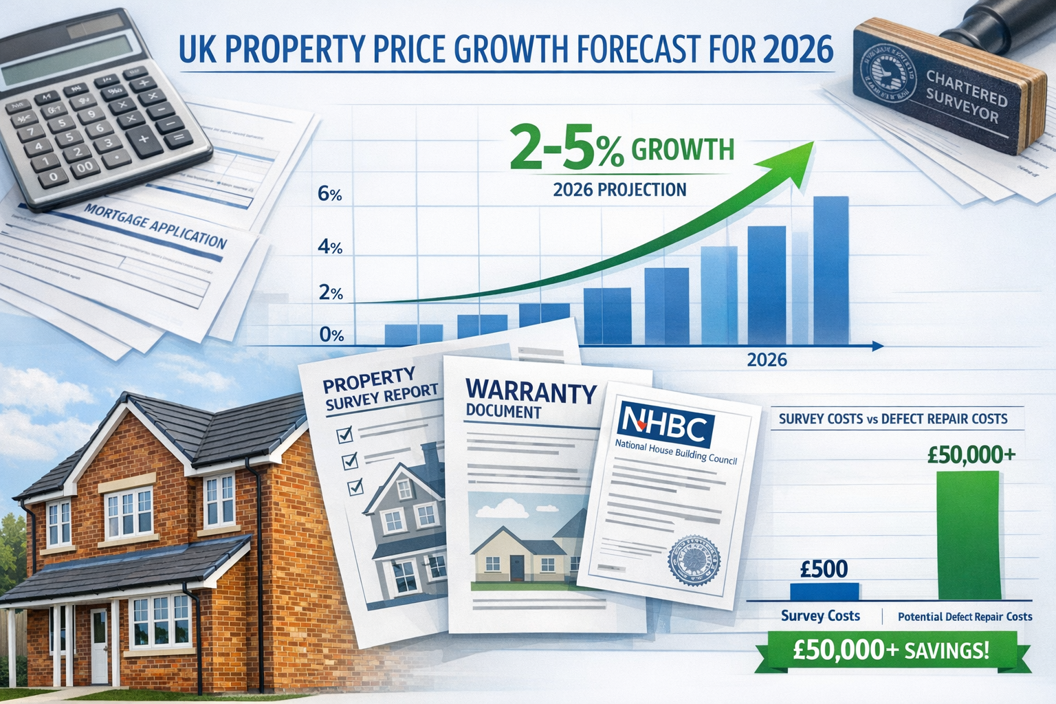 Detailed () modern infographic-style image showing UK property price growth forecast chart for 2026 with upward trending