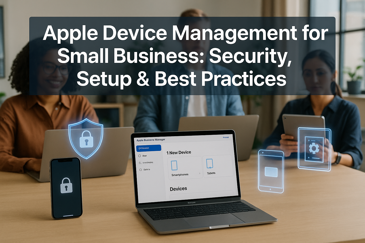 Professional landscape hero image (1536x1024) featuring bold text overlay 'Apple Device Management for Small Business: Security, Setup & Bes
