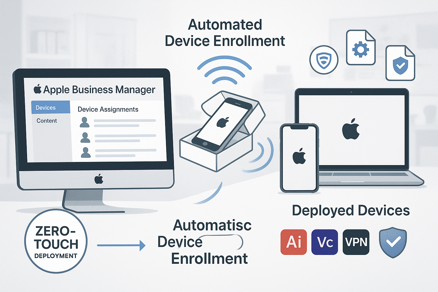 Detailed landscape illustration (1536x1024) showing Apple Business Manager ecosystem workflow diagram with three connected sections: left sh