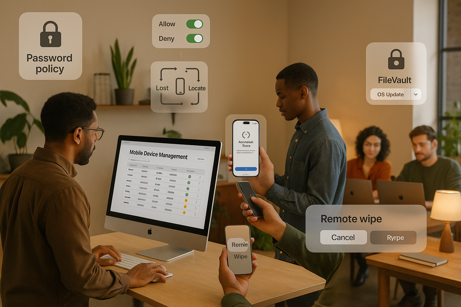 Landscape editorial photograph (1536x1024) depicting small business security and policy management scenario: foreground shows business owner