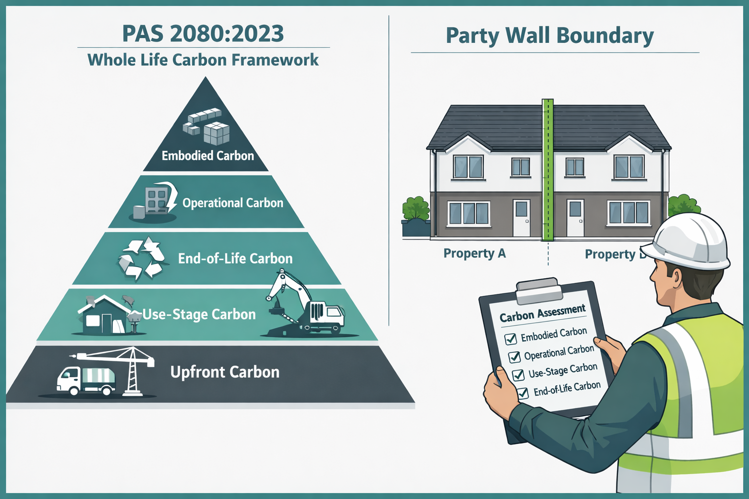 Detailed () infographic-style illustration showing the PAS 2080:2023 whole life carbon framework pyramid with five stages: