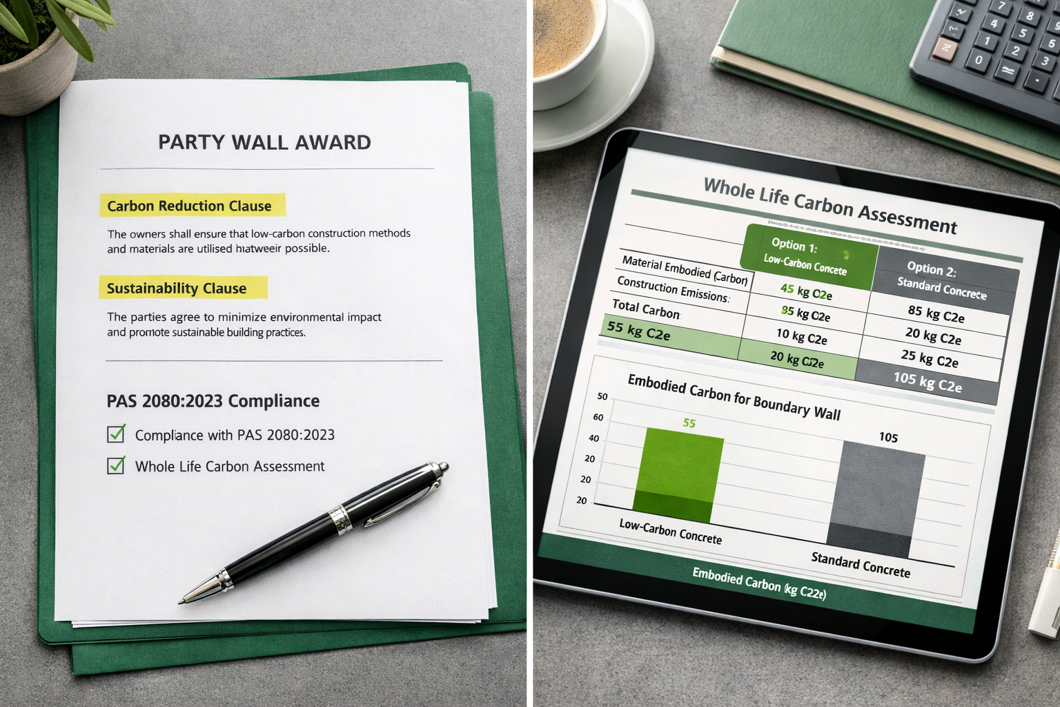 Detailed () split-composition image showing a UK party wall award document on the left with highlighted carbon clauses and