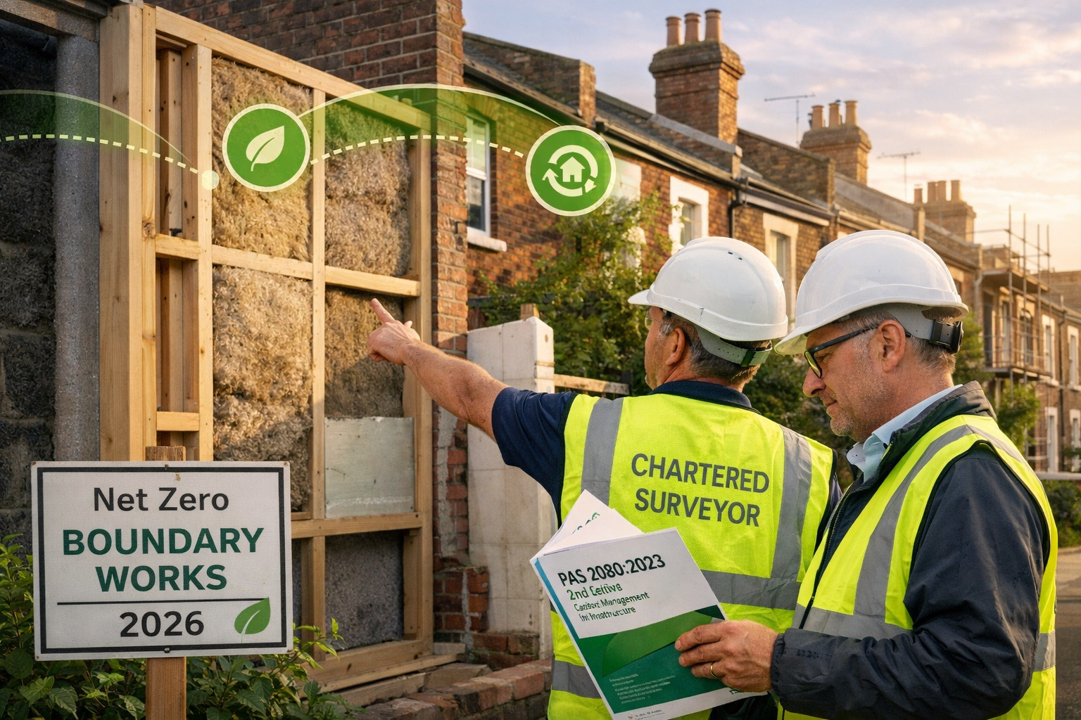 Detailed () wide-angle scene of two professional chartered surveyors in hi-vis vests and hard hats standing at a party wall