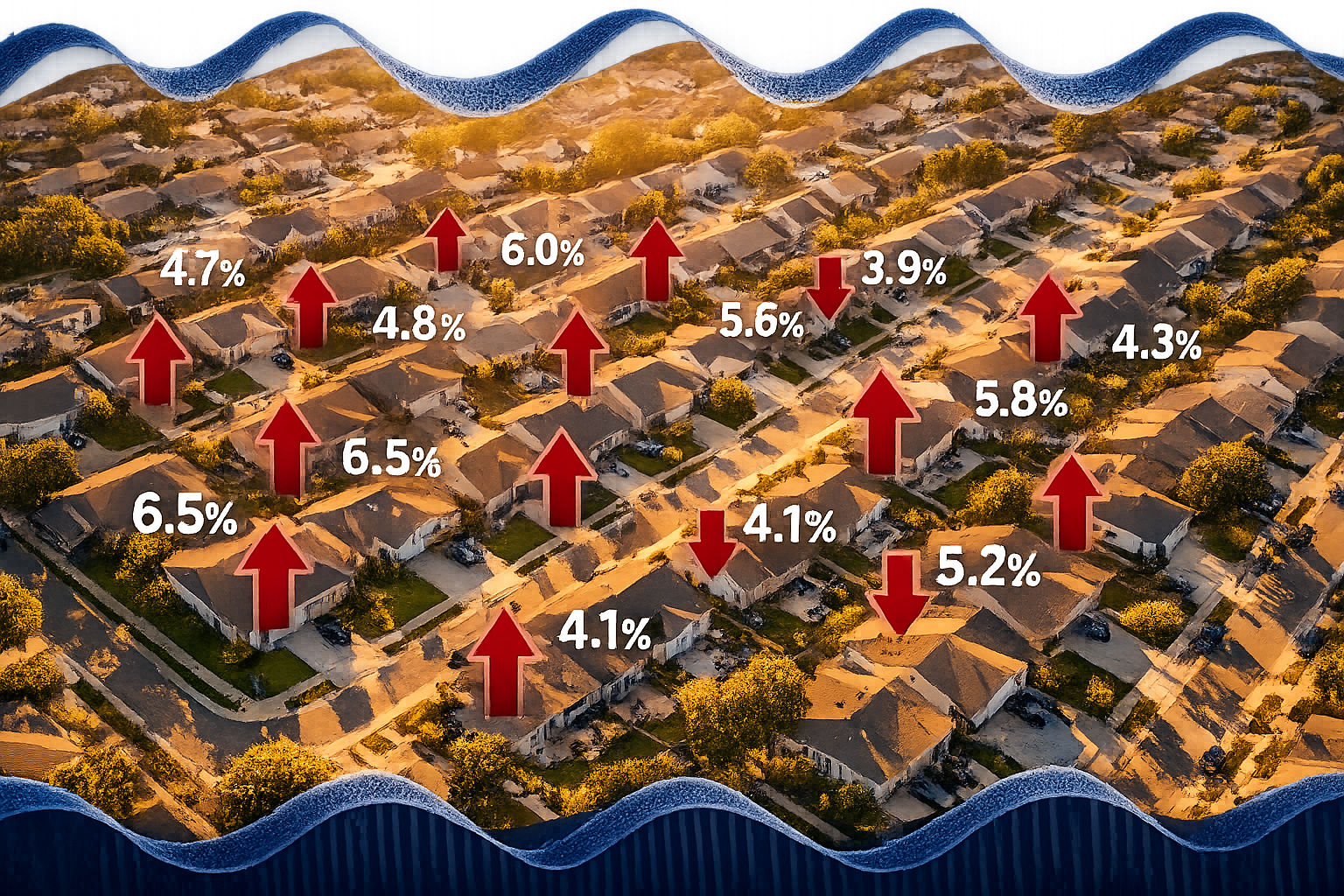 Wide-angle aerial photograph looking down at a suburban neighborhood grid of single-family homes with manicured lawns,