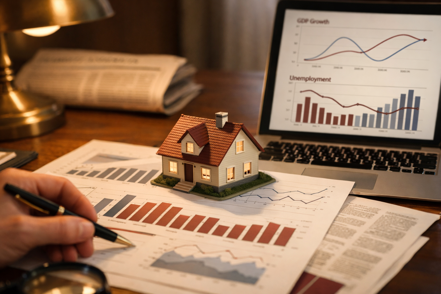 Close-up tabletop scene of a real estate investor reviewing printed market analysis charts and a laptop screen showing GDP