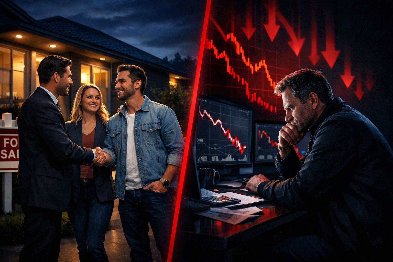 Dynamic split-level composition showing two contrasting real estate scenarios side by side: on the left a confident home