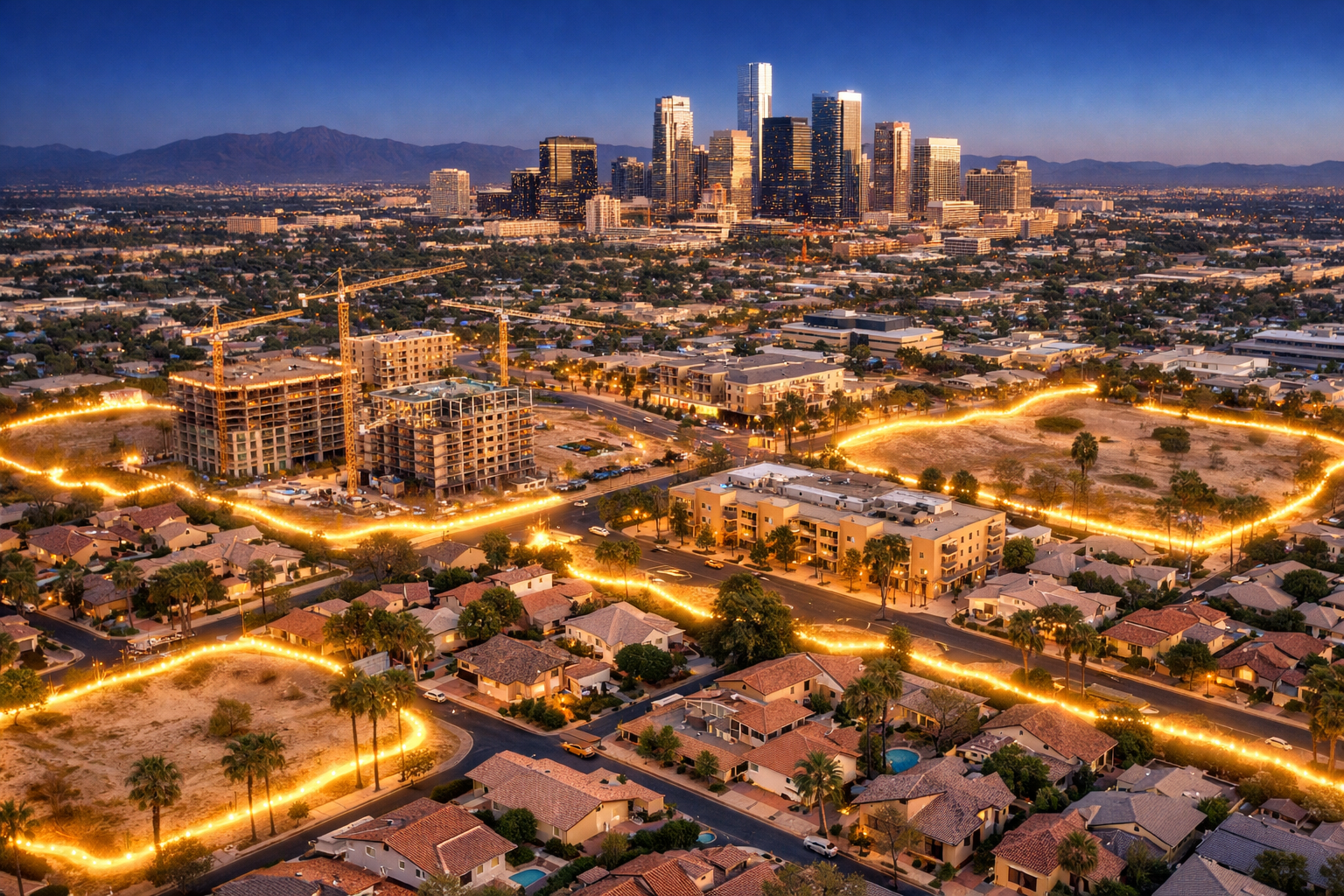 Bird's eye view of a modern city neighborhood undergoing transformation with new construction cranes visible alongside