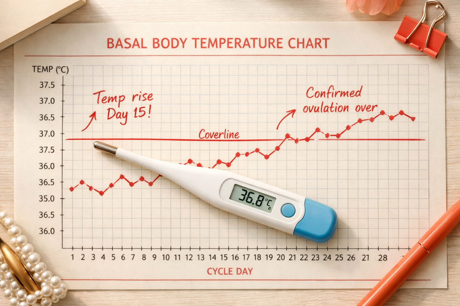 Detailed () close-up flat-lay photograph of a basal body temperature chart on graph paper with a digital thermometer placed