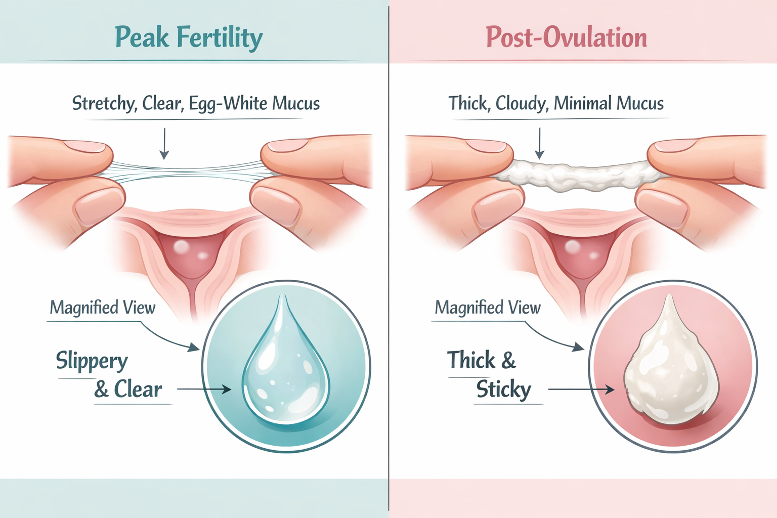 Detailed () split-panel infographic illustration comparing cervical mucus appearance before and after ovulation: left panel