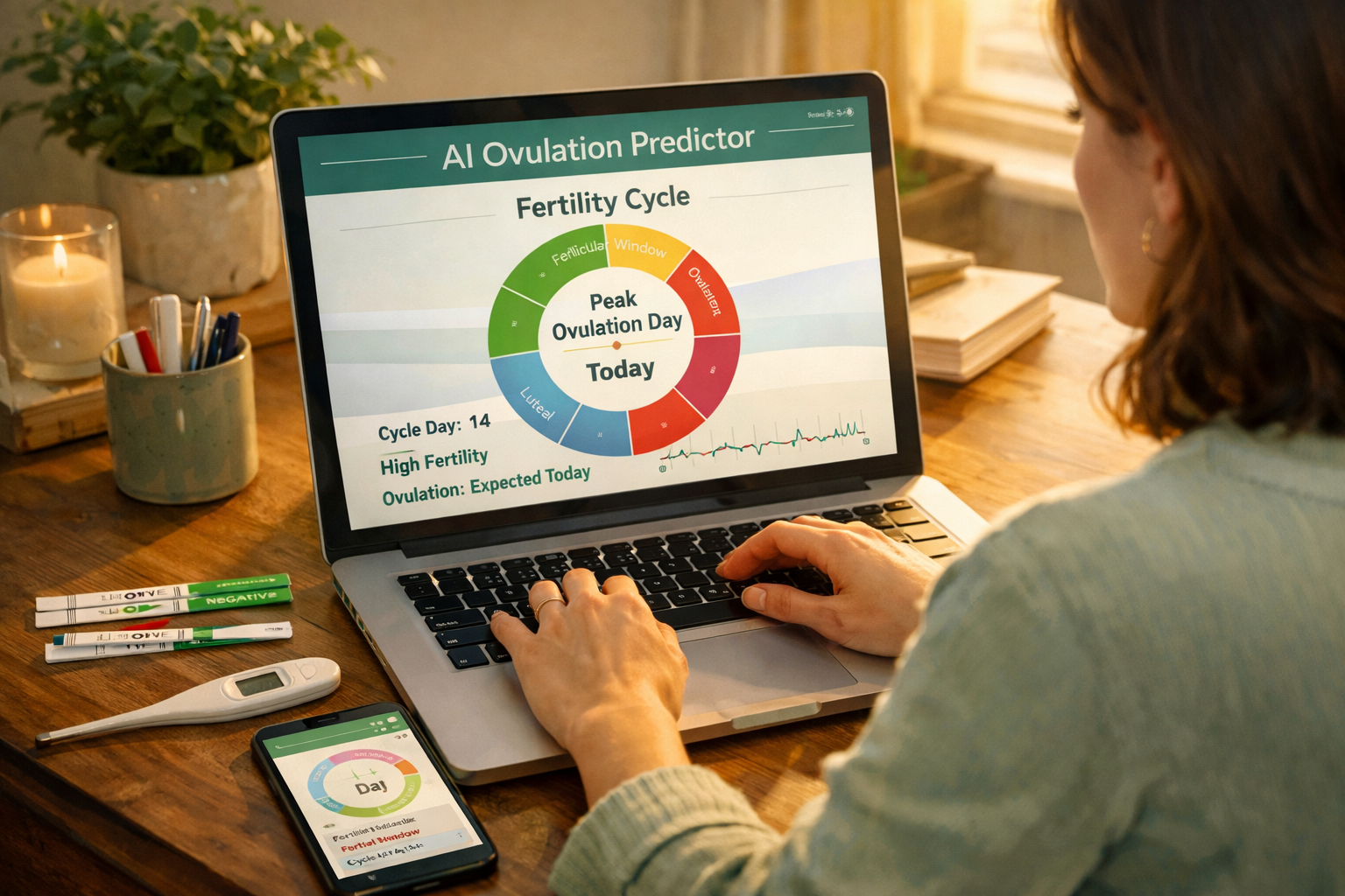 Detailed () concept illustration of a woman sitting at a desk using a laptop showing an AI ovulation predictor dashboard,