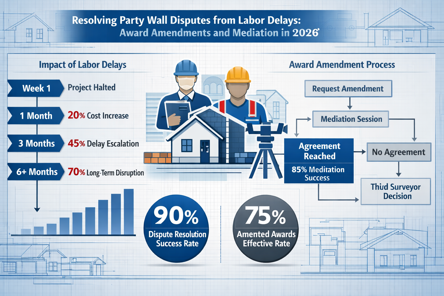 Key Takeaways visualization depicting party wall dispute resolution landscape in 2026: Split-screen editorial infographic