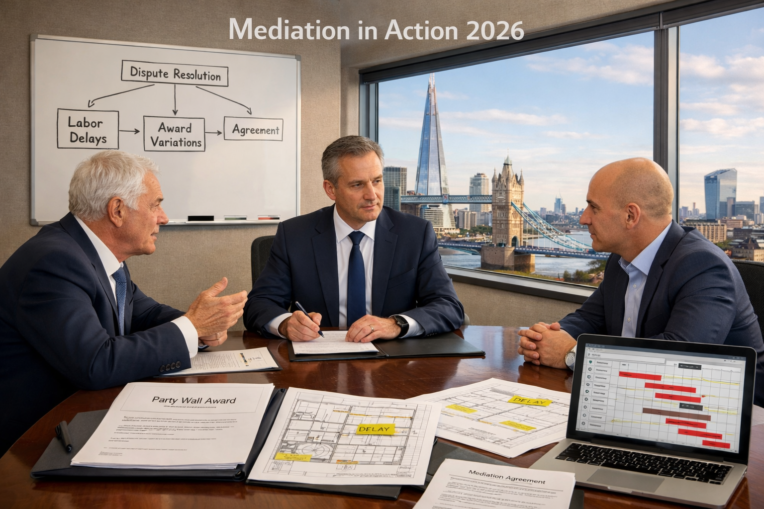 Detailed () image depicting professional mediation session in modern conference room with three parties seated around
