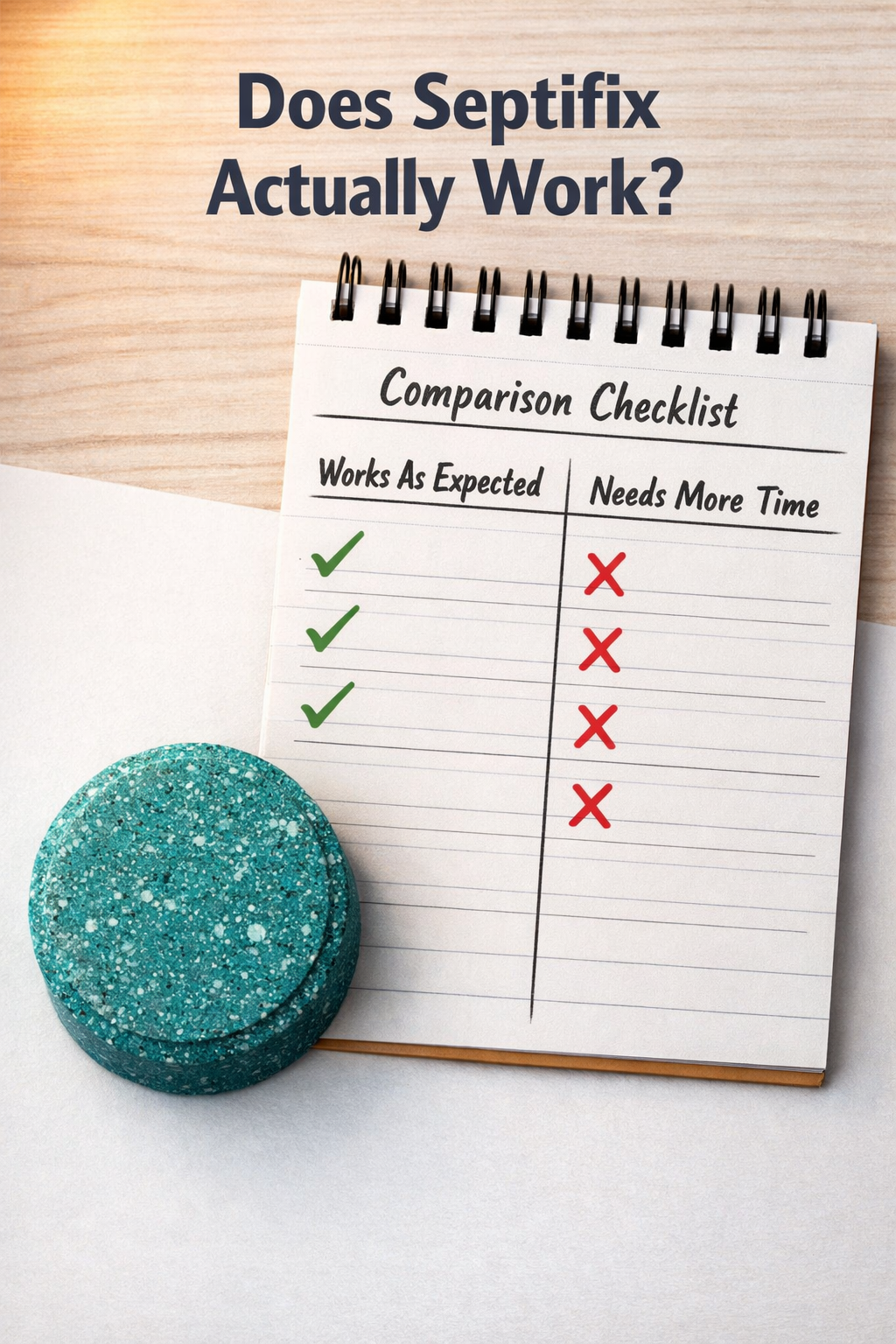 Portrait/Pinterest format () showing a close-up flat-lay of a septic tank treatment tablet (round, blue-green) on a white