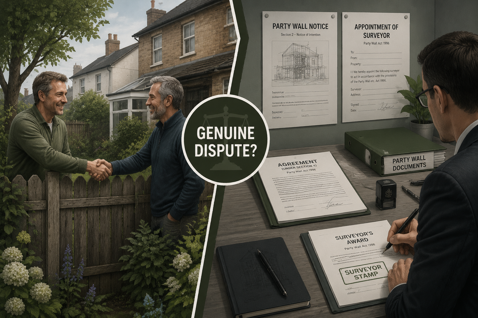 Wide-angle editorial illustration showing a split scene: on the left, two neighbours shaking hands informally over a garden