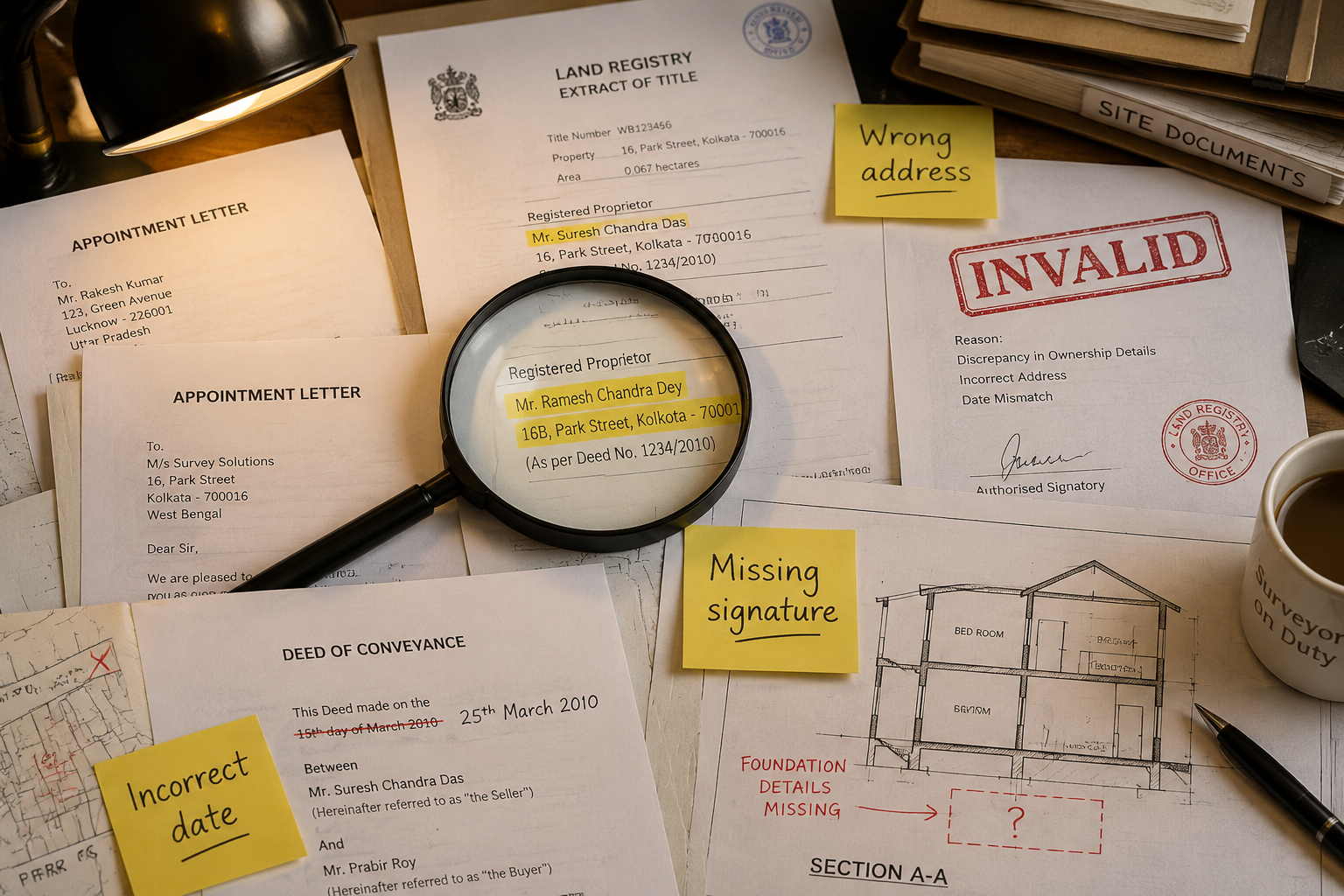 Close-up overhead shot of a party wall surveyor's desk covered with appointment letters, Land Registry documents, a