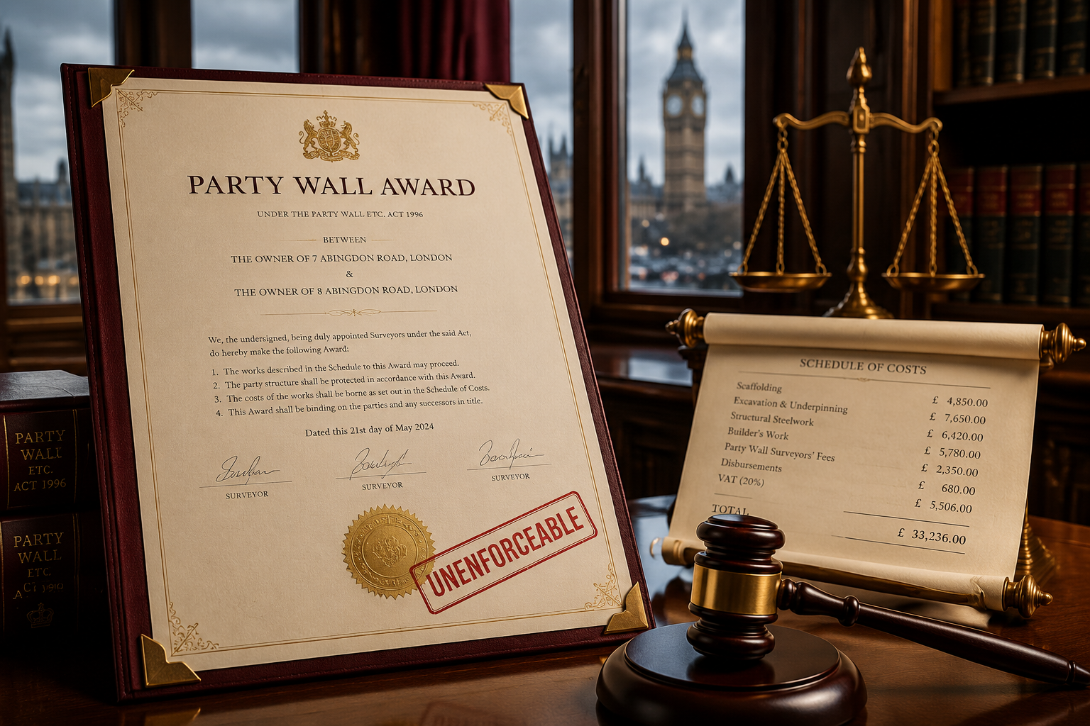 Wide landscape courtroom-adjacent scene showing a formal party wall award document on a polished table, with a gavel beside
