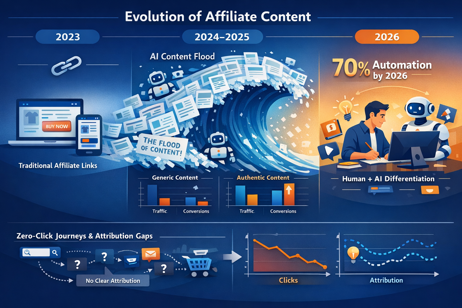 Landscape format (1536x1024) detailed infographic showing the evolution of affiliate content from 2023 to 2026, featuring three distinct pha
